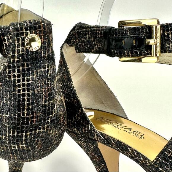 Michael Kors Evie Stiletto Heel Sandal Sz 8.5 Black/Gold Platform Spark Glitter - Picture 9 of 16